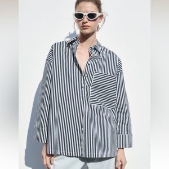 ZARA White And Blue 100% Cotton Striped Poplin Shirt SIZE M - Picture 2 of 15